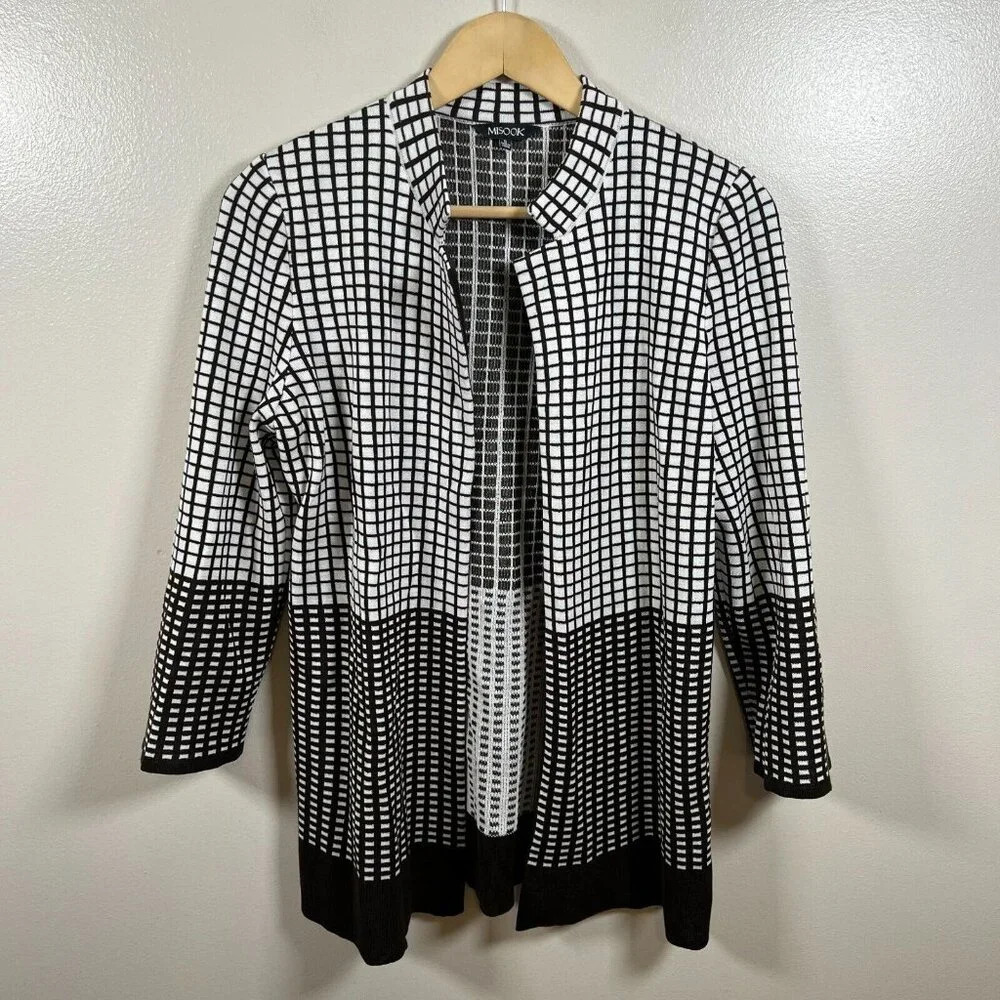 Misook Open Front Cardigan Sweater Size Small Brown Long Line Windowpane